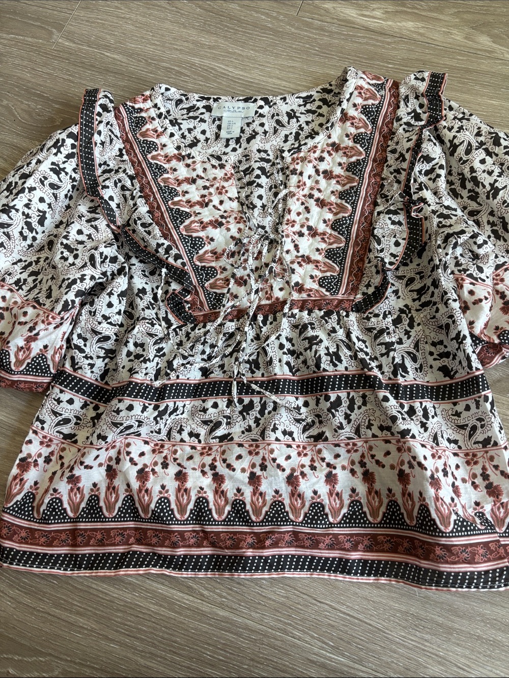 Calypso St. Barth White & Rust Floral Summer Boho Peasant Blouse